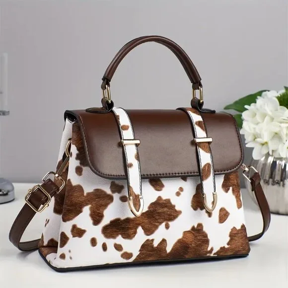 Brown Cow Print Vegan Leather Satchel Crossbody Bag - Picture 6 of 6